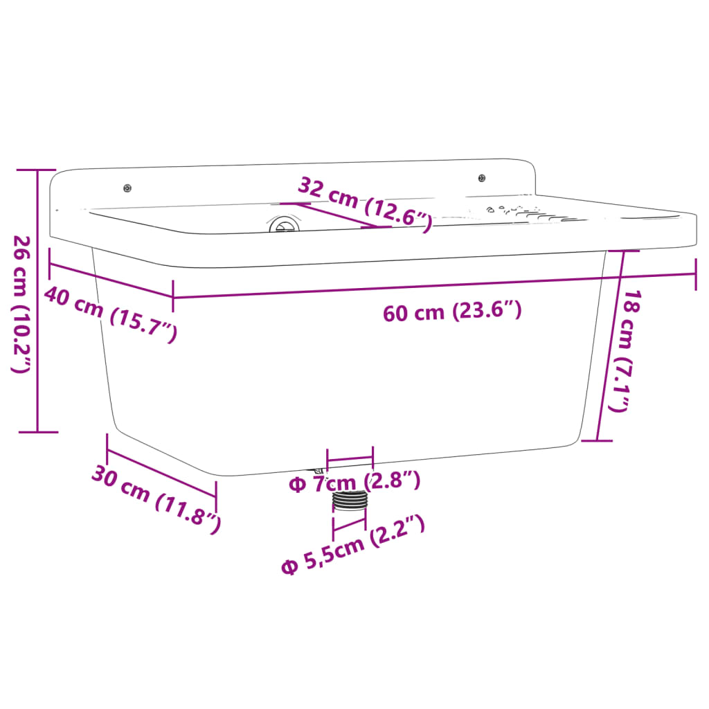 vidaXL valamu seinale kinnitamiseks, hall, 60x40x28 cm, vaik