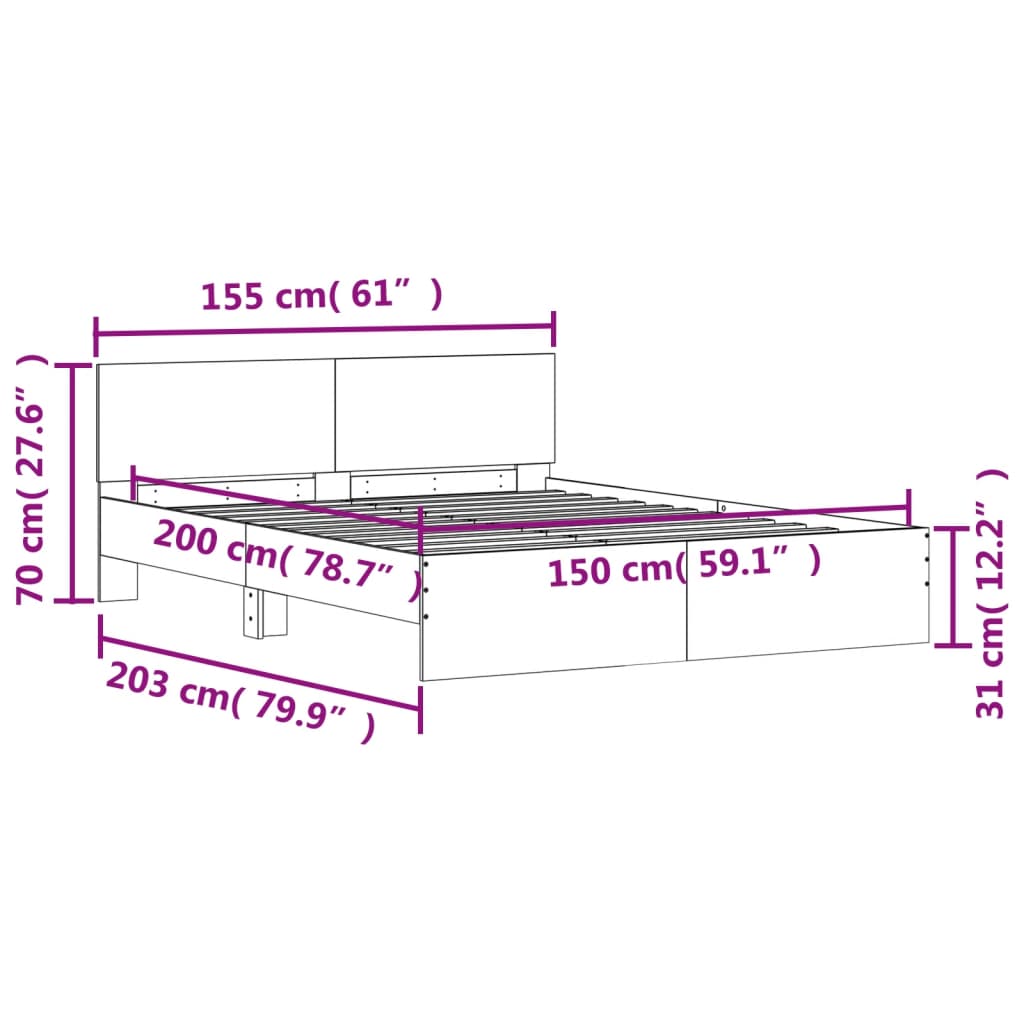 vidaXL voodiraam peatsiga, valge, 150 x200 cm