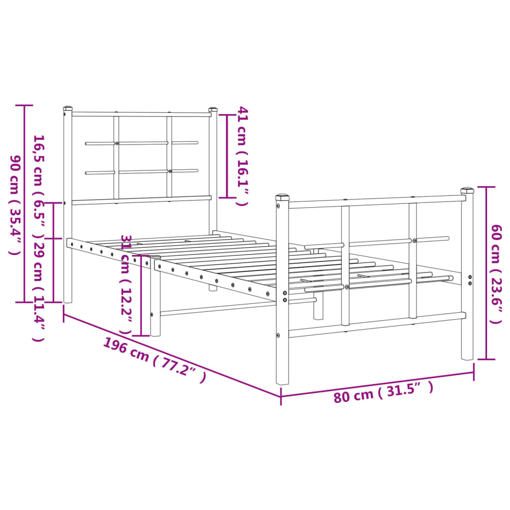 vidaXL metallist voodiraam peatsi ja jalutsiga, must, 75 x 190 cm