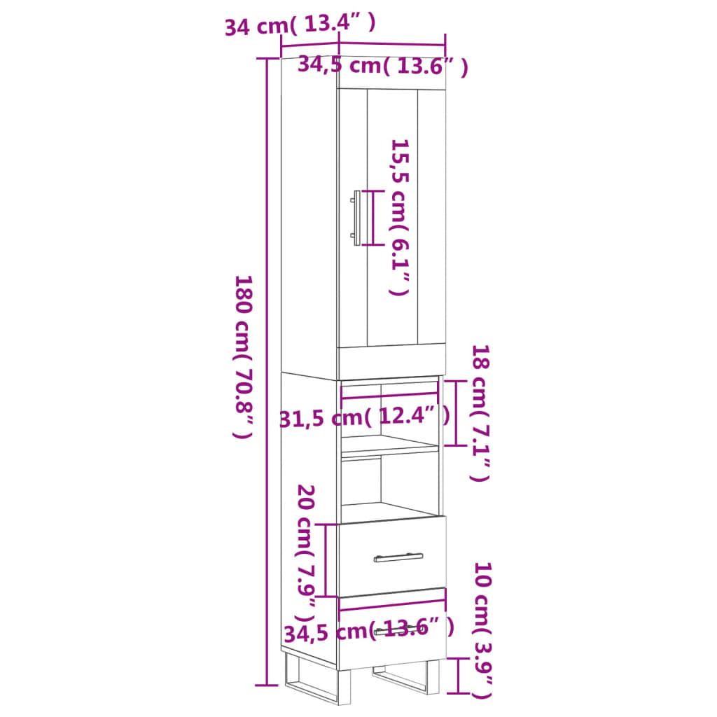 vidaXL kõrge kapp, suitsutatud tamm, 34,5x34x180 cm, tehispuit