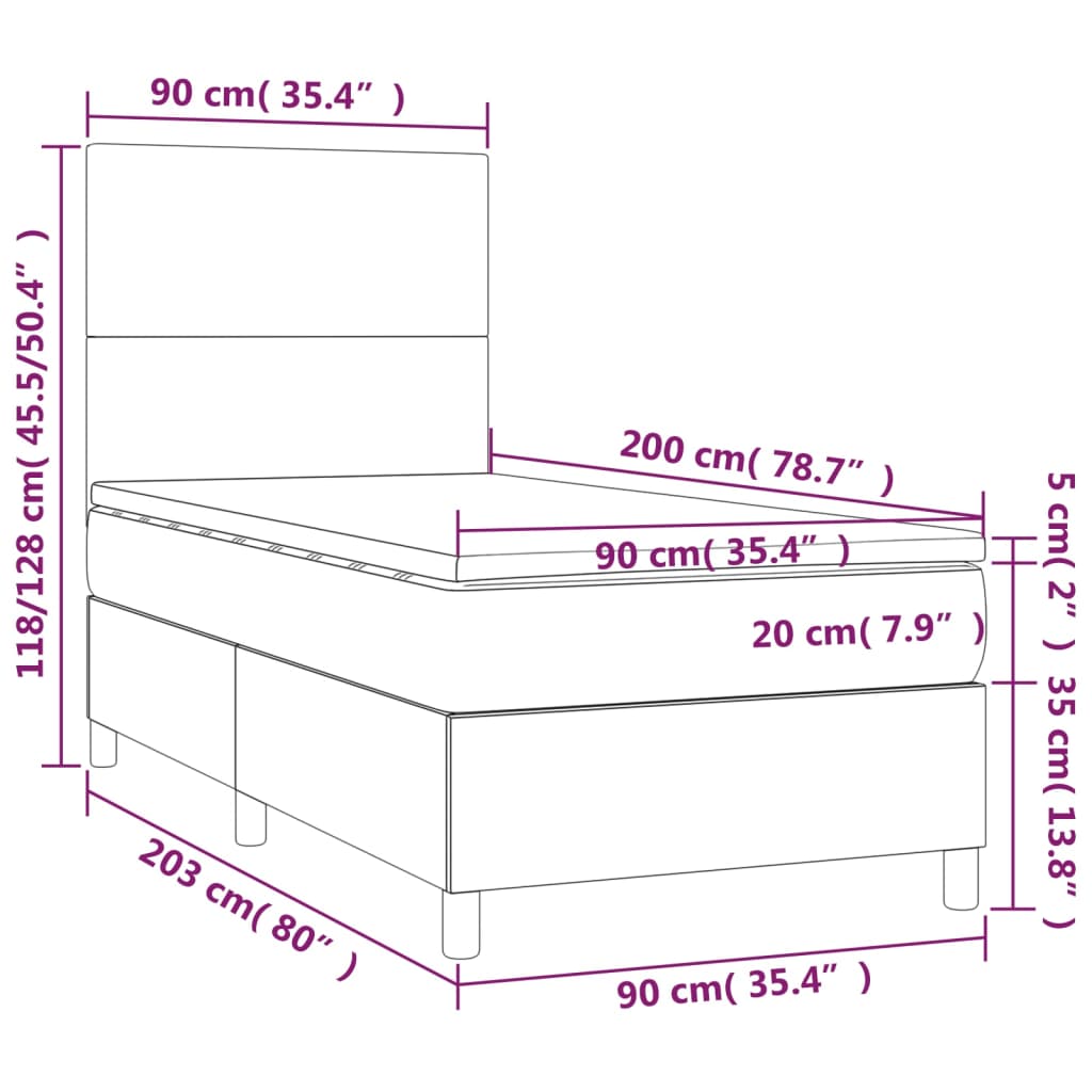 vidaXL kontinentaalvoodi madratsiga, LED, valge, 90x200 cm, kunstnahk