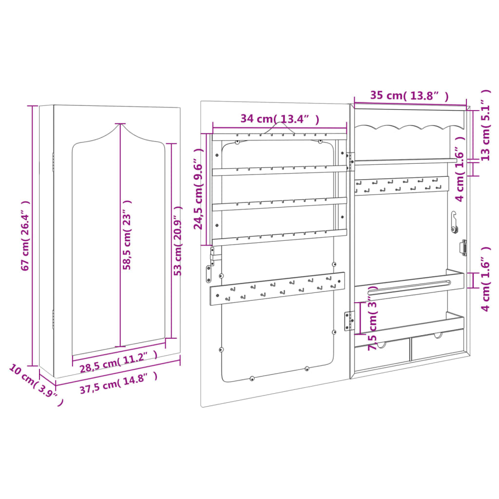 vidaXL seinale kinnitatav peegliga ehetekapp, valge, 37,5x10x67 cm