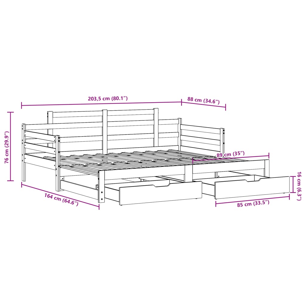 vidaXL diivanvoodi väljatõmmatava osaga, madratsita, valge, 80x200 cm