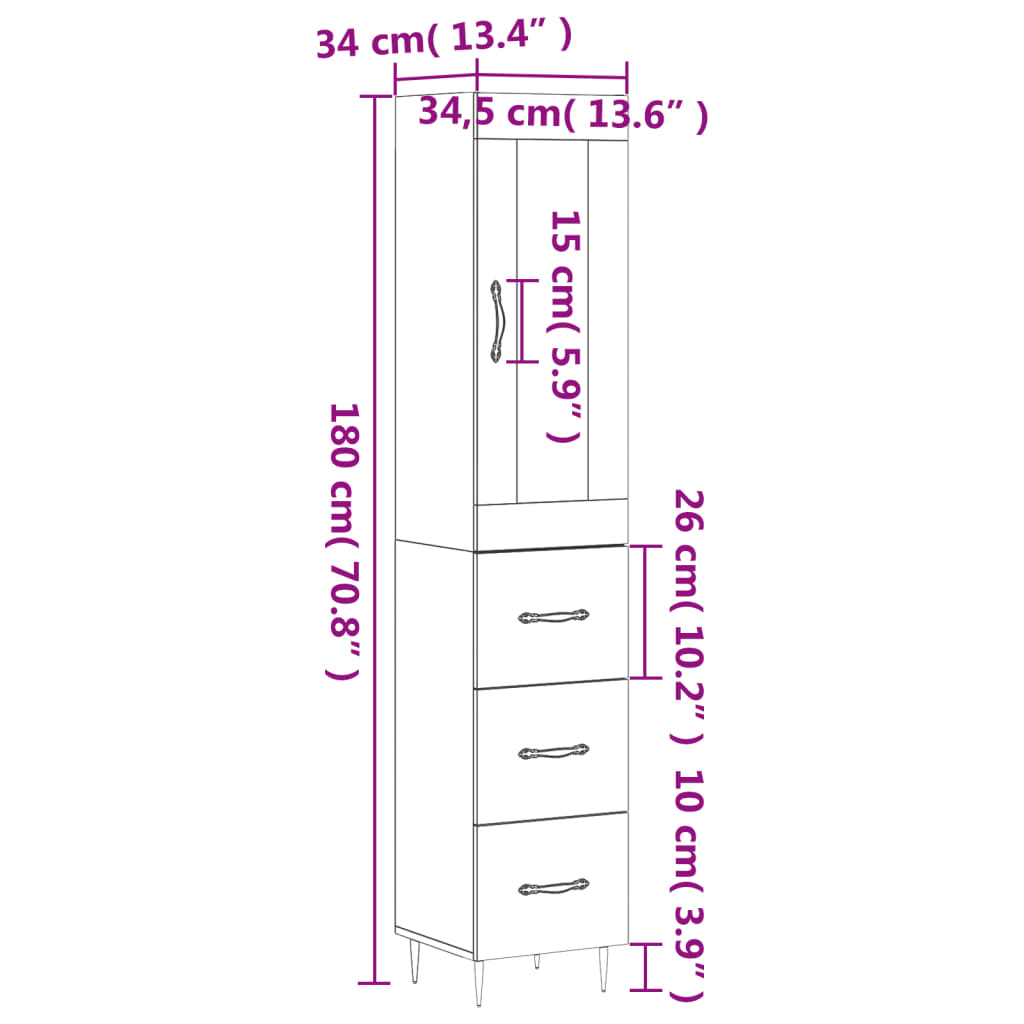 vidaXL kõrge kapp, suitsutatud tamm, 34,5x34x180 cm, tehispuit