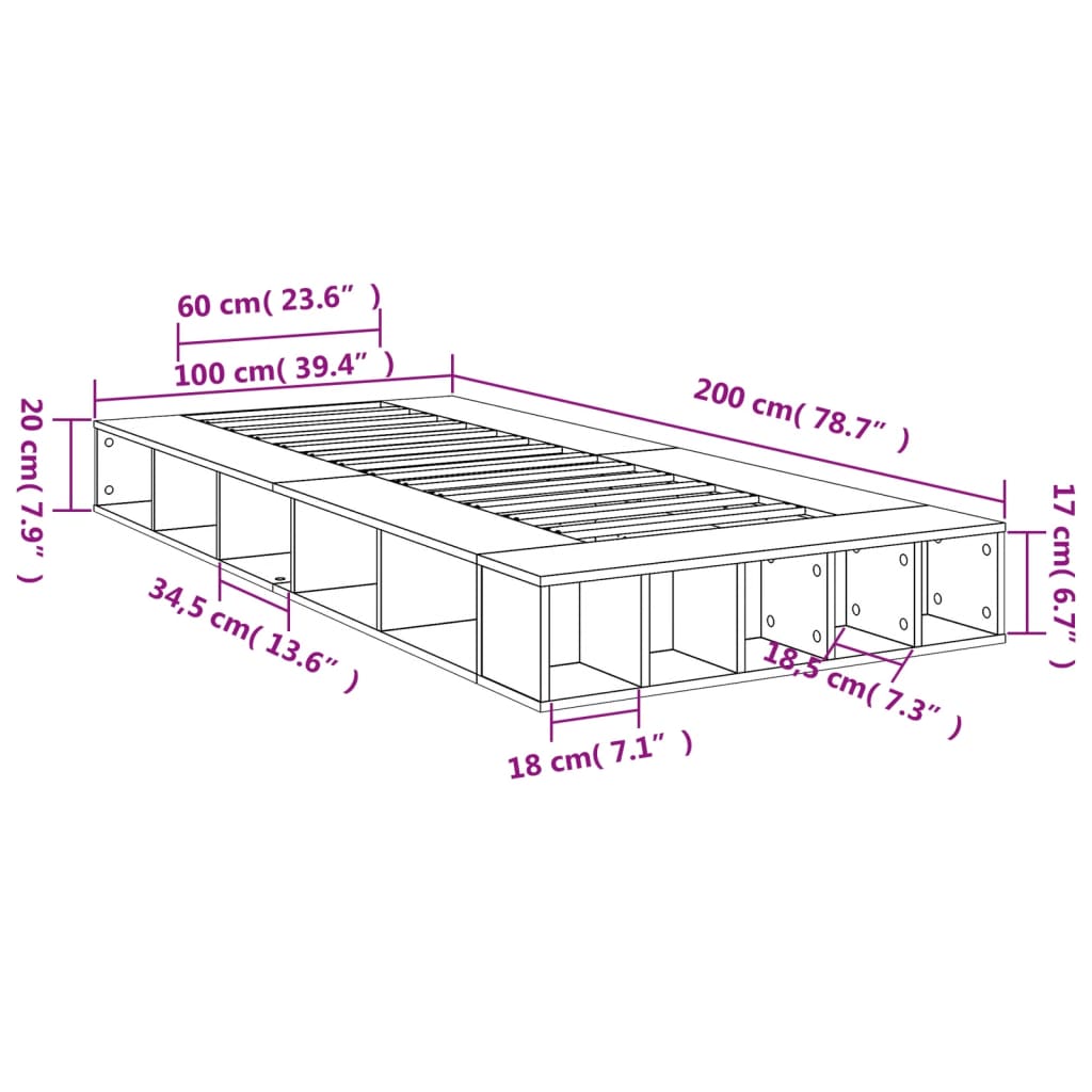 vidaXL voodiraam, hall Sonoma tamm, 100 x 200 cm, tehispuit