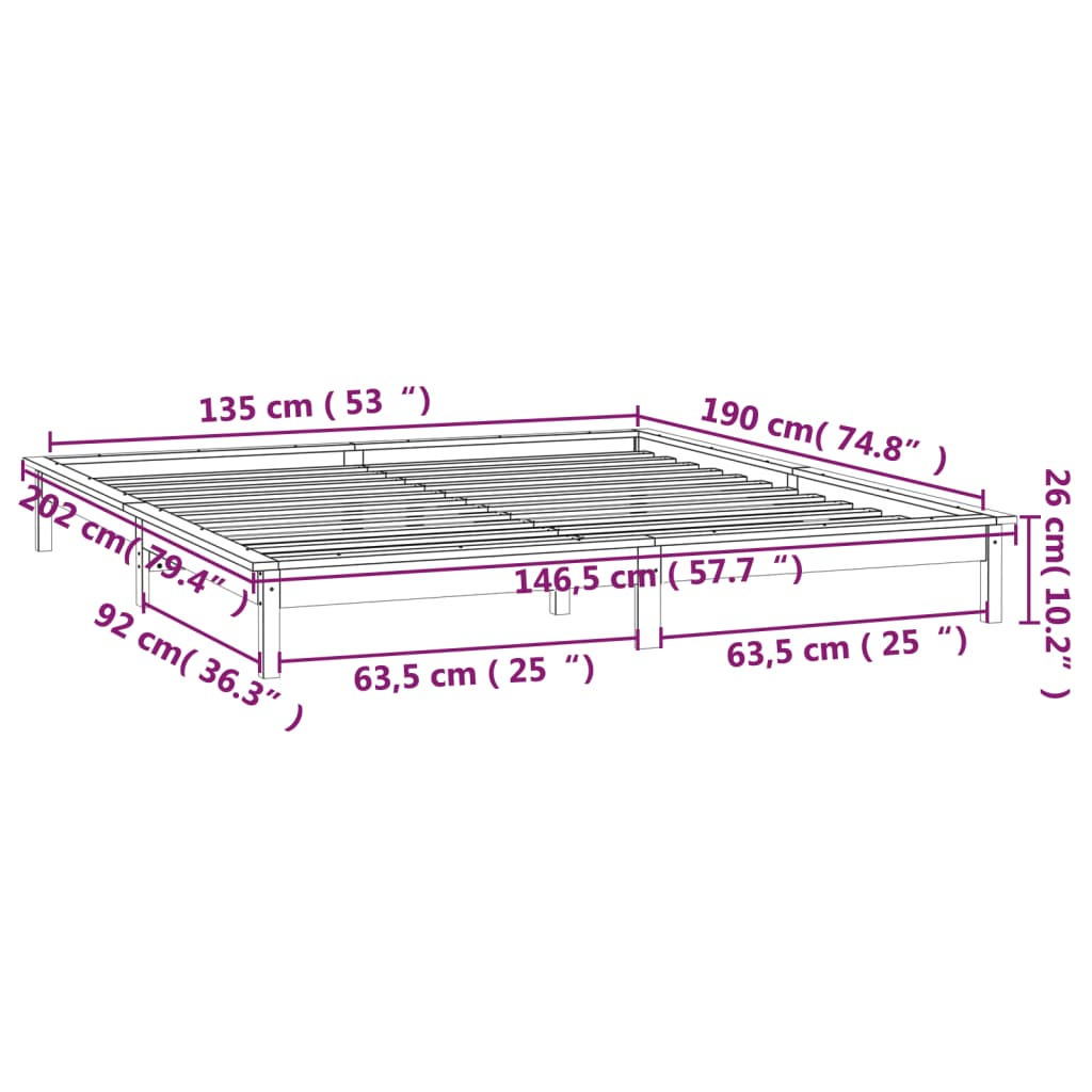 vidaXL LED-voodiraam, valge, 135 x 190 cm, männipuit