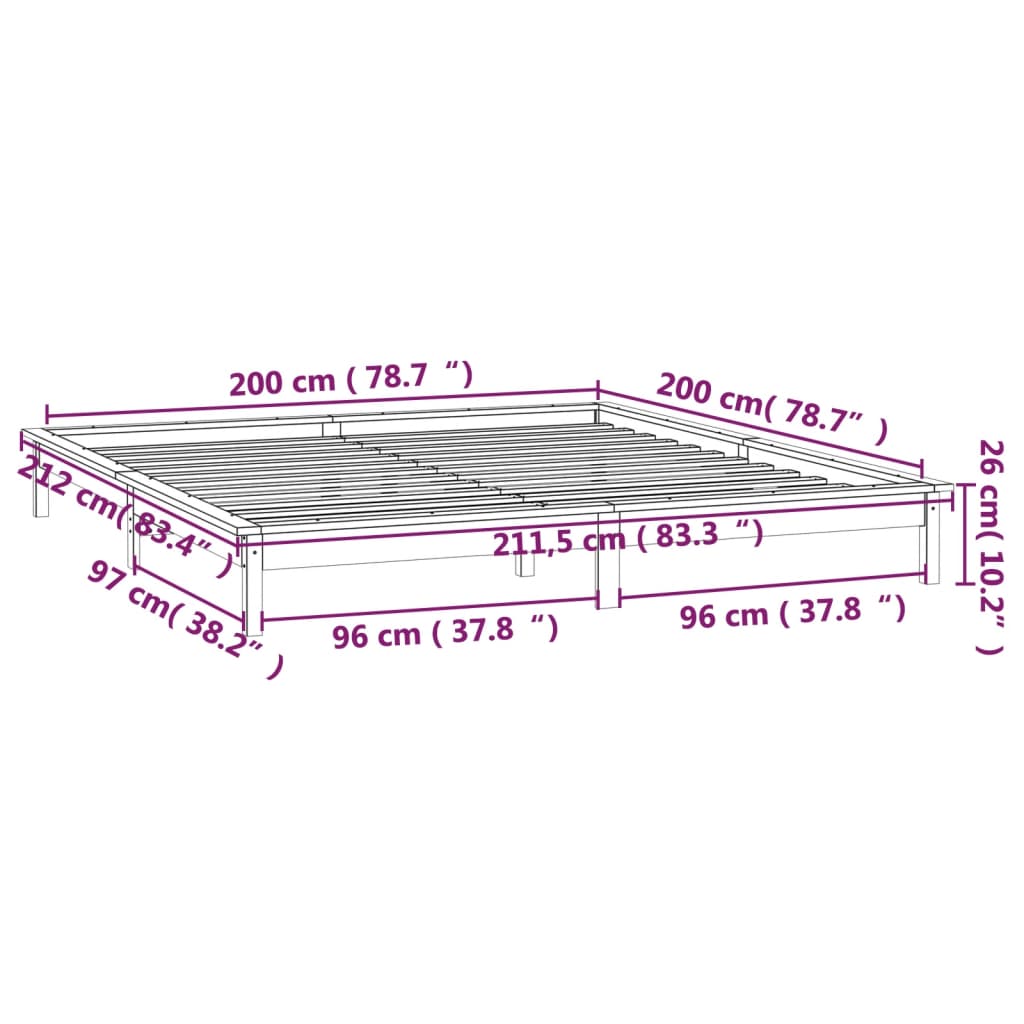 vidaXL voodiraam LED-iga, must, 200 x 200 cm, männipuit