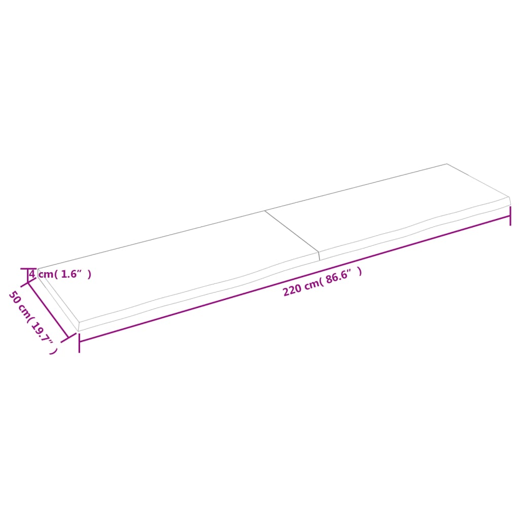 vidaXL vannitoa töötasapind, 220x50x(2-4) cm, töötlemata täispuit