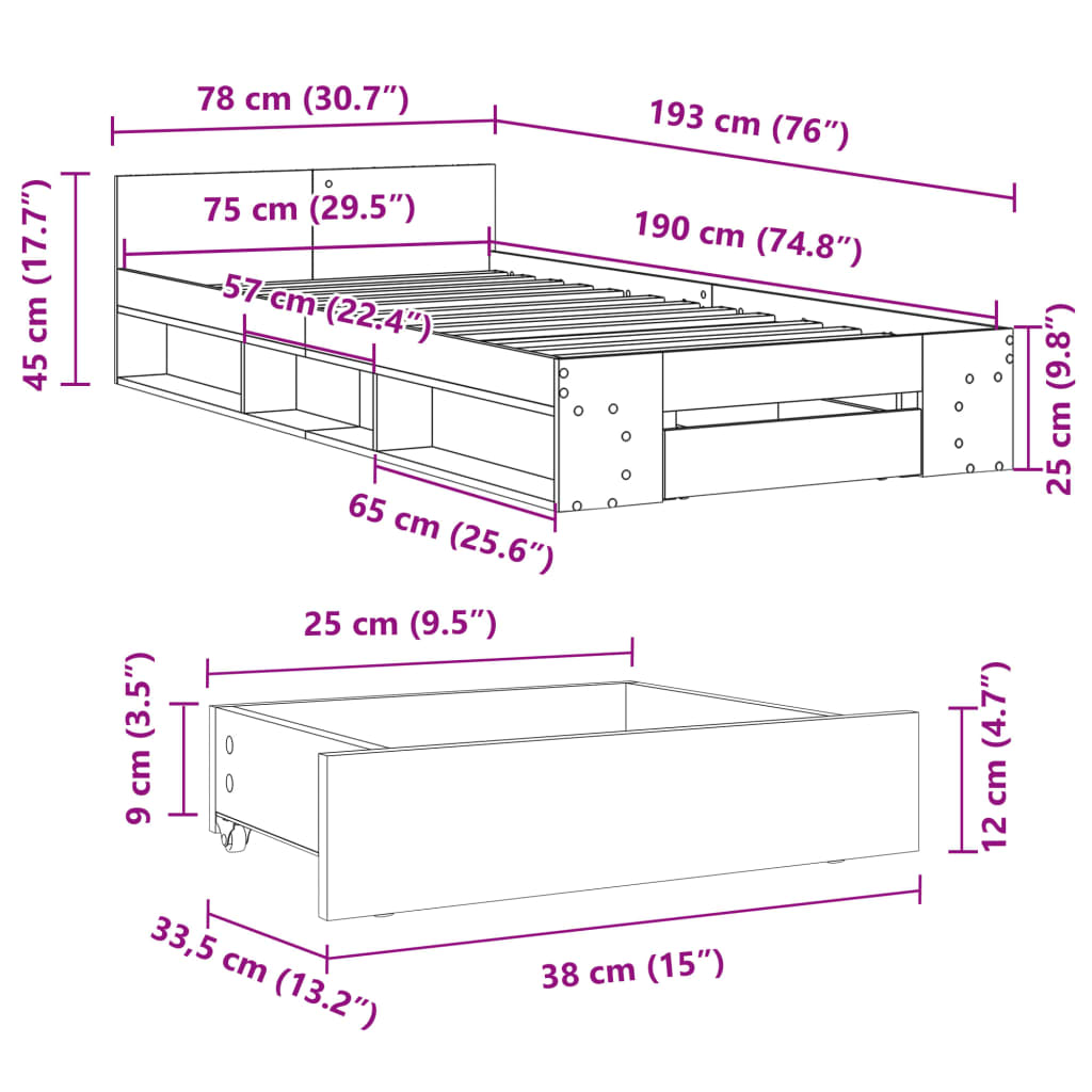 vidaXL voodiraam sahtlitega, pruun tamm, 75x190 cm, tehispuit