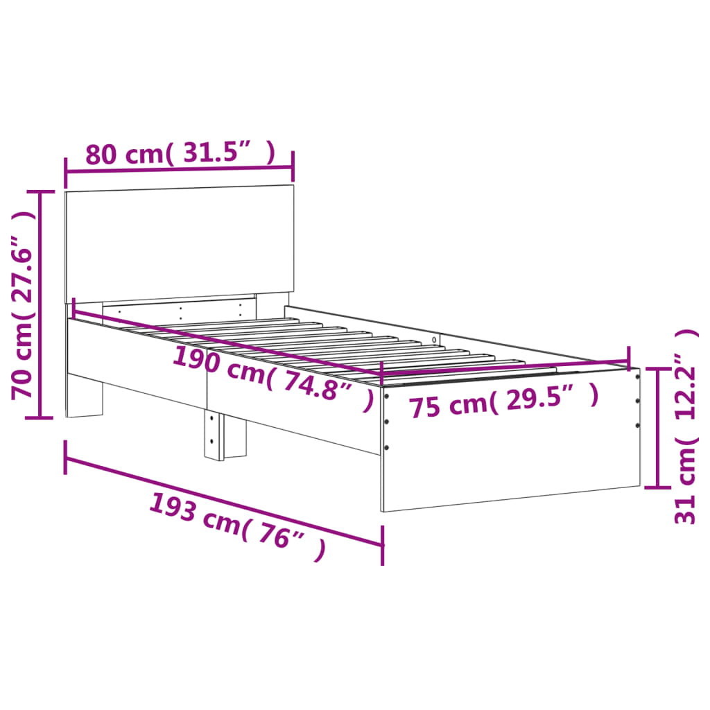 vidaXL voodiraam peatsi ja LED-tuledega, hall Sonoma tamm, 75x190 cm