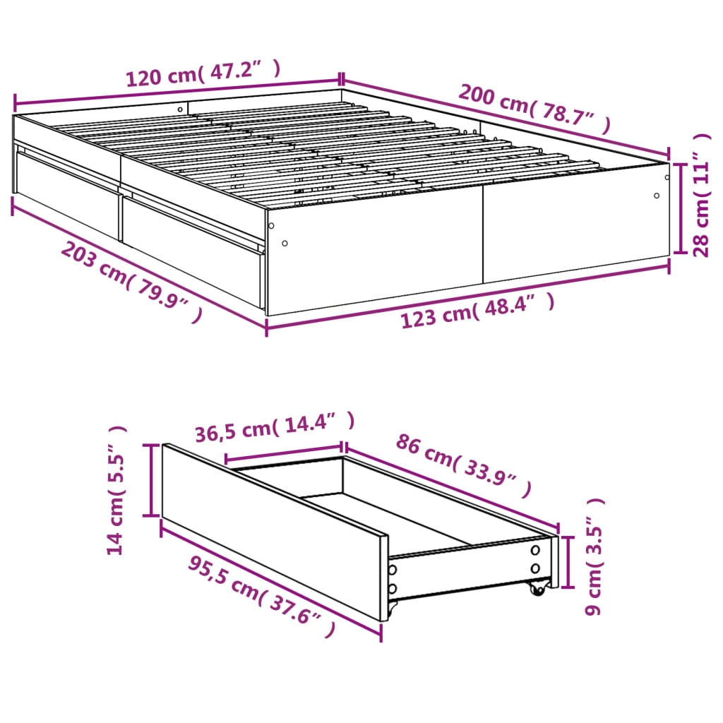 vidaXL voodiraam sahtlitega, hall Sonoma tamm, 120 x 200 cm, tehispuit