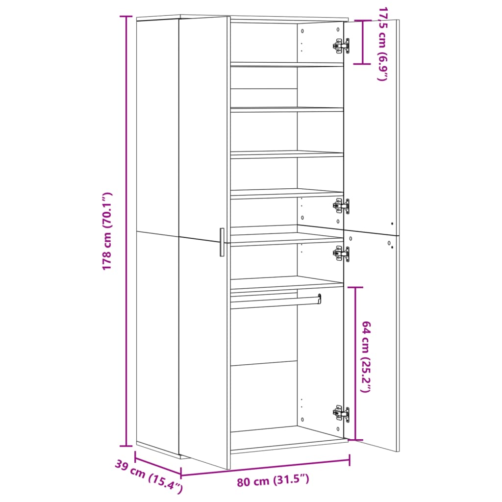 vidaXL kingakapp, suitsutatud tamm, 80 x 39 x 178 cm, tehispuit