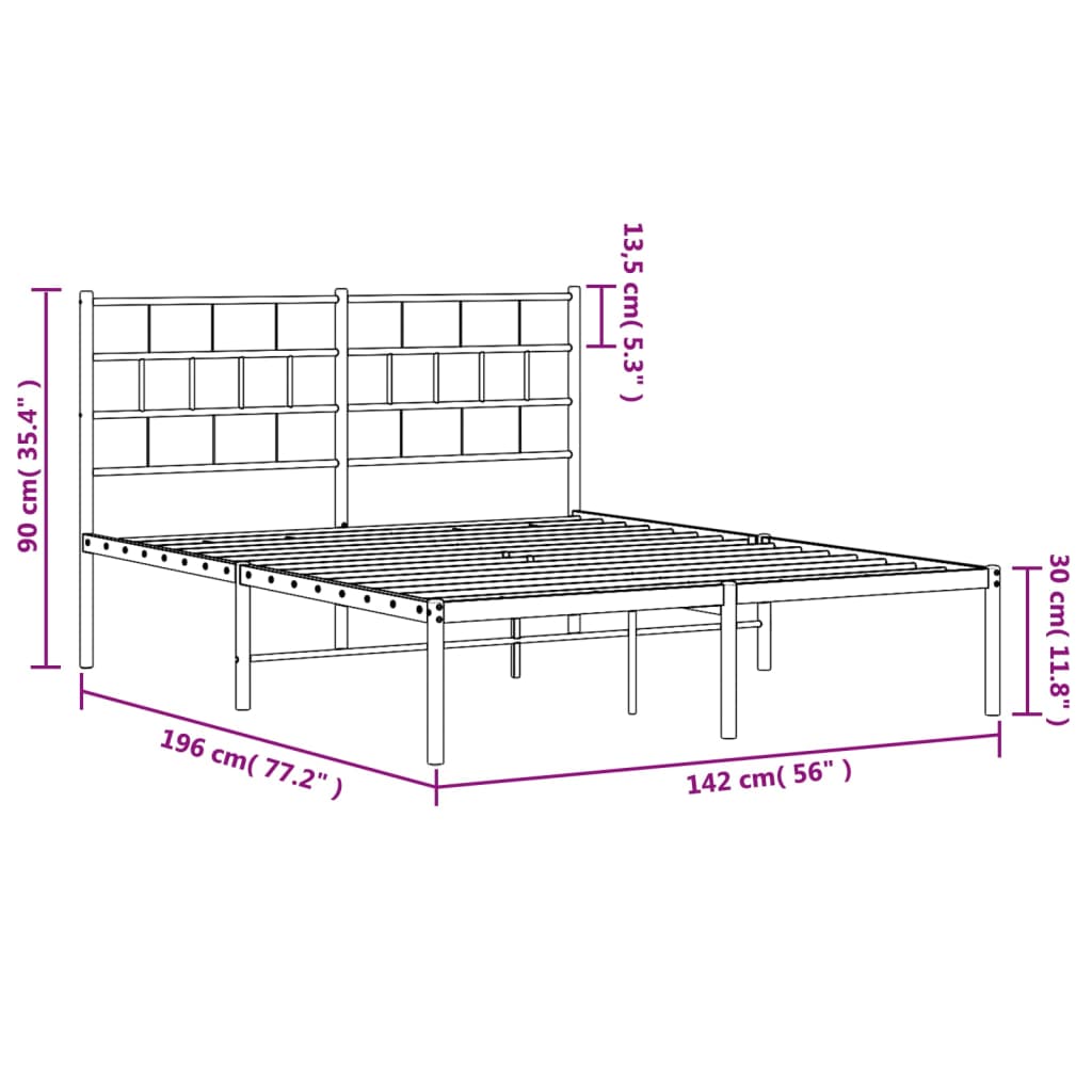 vidaXL metallist voodiraam peatsiga, must, 135x190 cm