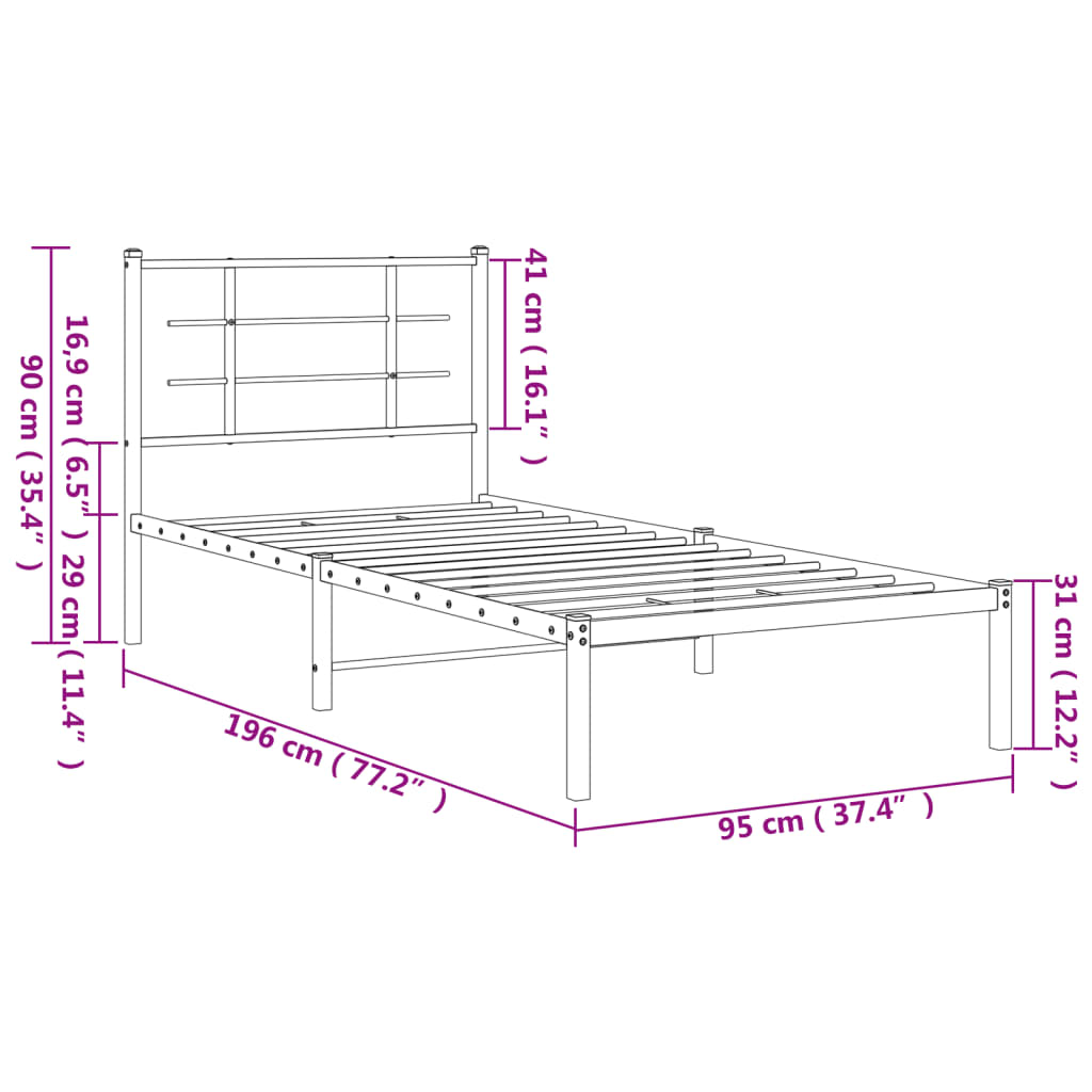 vidaXL metallist voodiraam peatsiga, valge, 90 x 190 cm