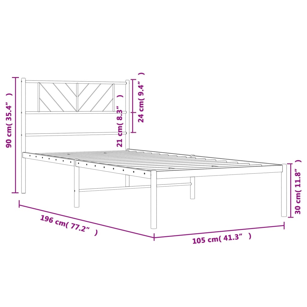 vidaXL metallist voodiraam peatsiga, must, 100x190 cm