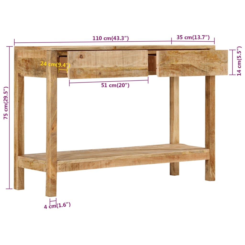 vidaXL konsoollaud 2 sahtliga, 110 x 35 x 75 cm, mangopuit