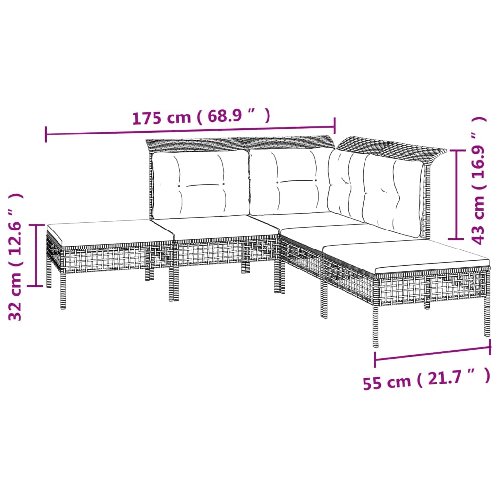 vidaXL 5-osaline aiamööbli komplekt patjadega, hall, polürotang