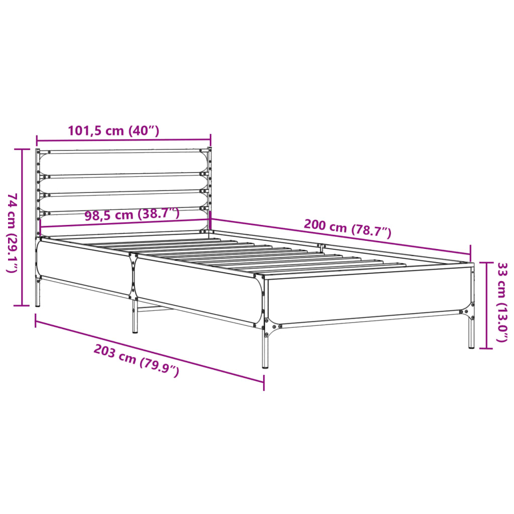 vidaXL voodiraam, suitsutatud tamm, 100 x 200 cm, tehispuit ja metall