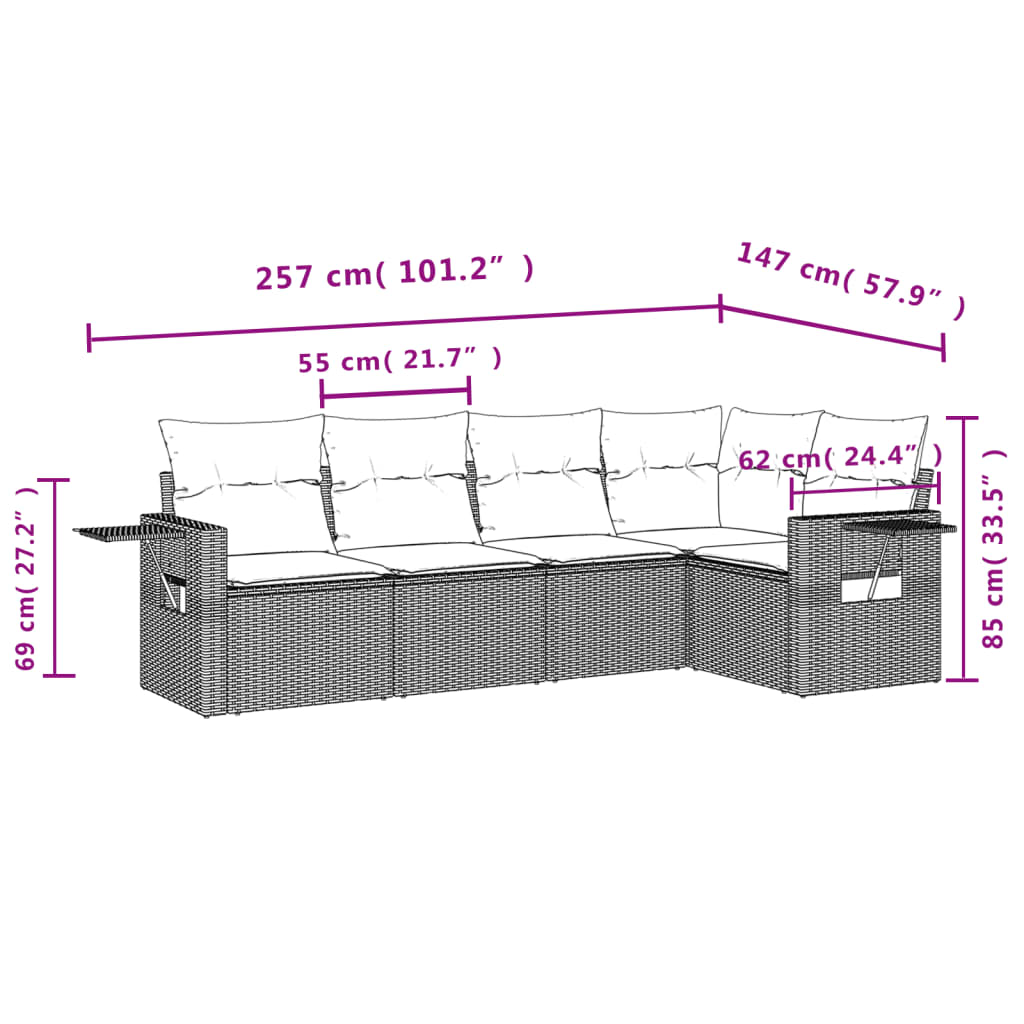 vidaXL 5-osaline aiamööblikomplekt istmepatjadega, polürotang, hall