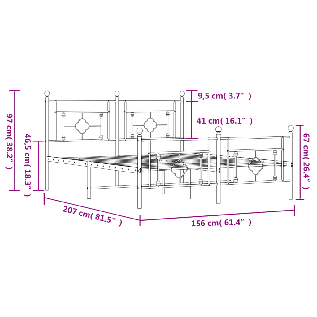 vidaXL metallist voodiraam peatsi ja jalutsiga, valge, 150 x 200 cm