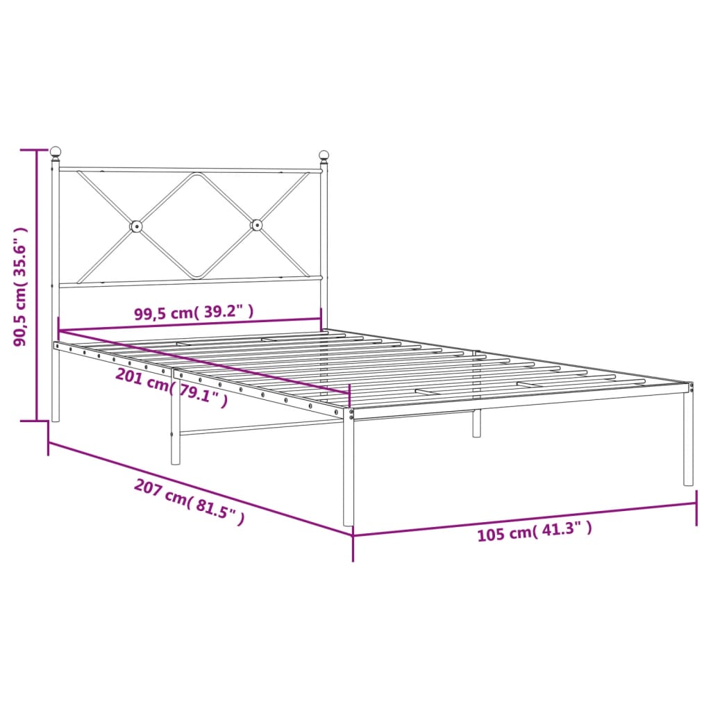 vidaXL metallist voodiraam peatsiga, valge, 100x200 cm