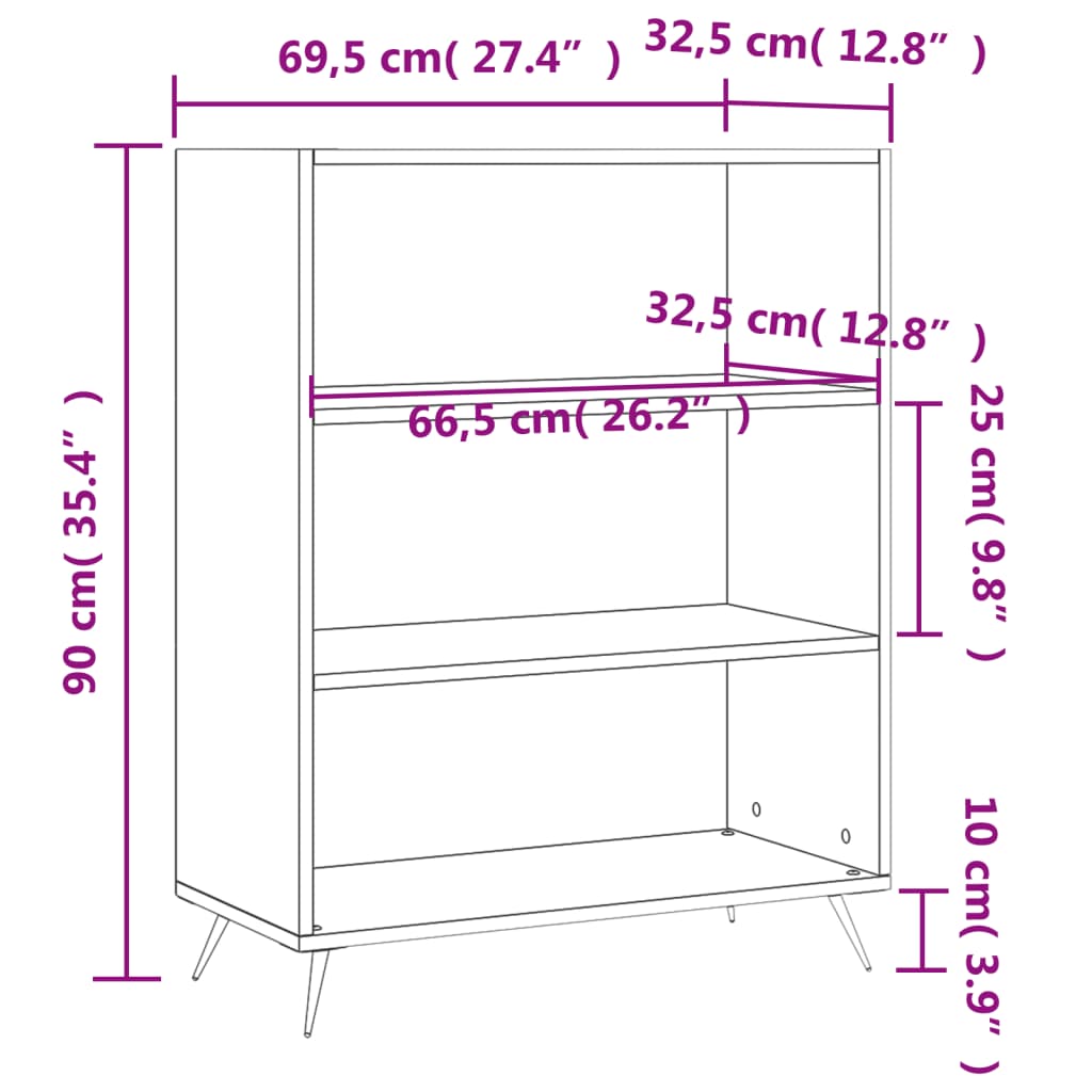 vidaXL raamaturiiul, kõrgläikega valge, 69,5 x 32,5 x 90 cm, tehispuit