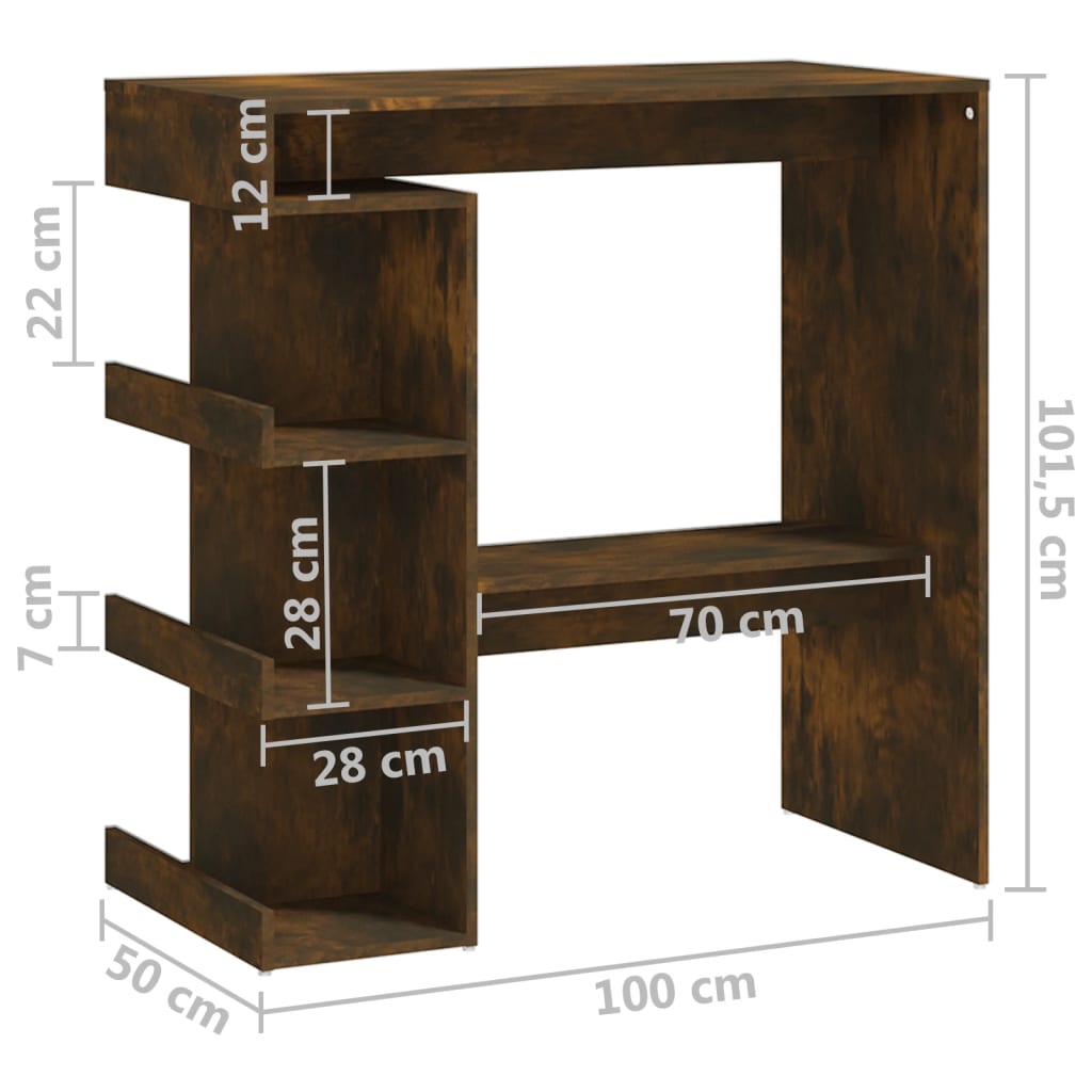 vidaXL baarilaud riiuliga, suitsupruun, 100x50x101,5 cm, tehispuit