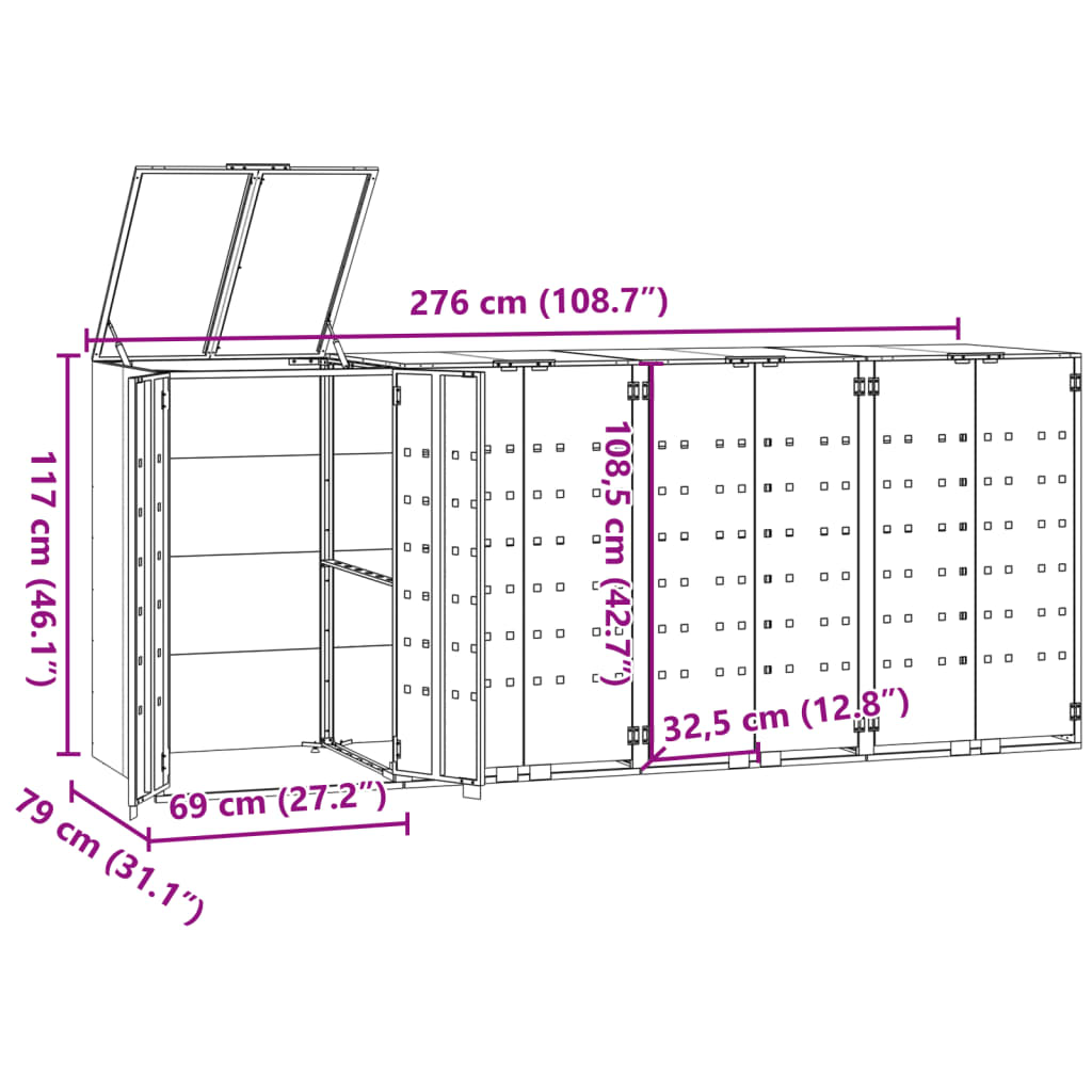 vidaXL ratastega prügikasti kuur 4 prügikastile, 276x79x117 cm, teras