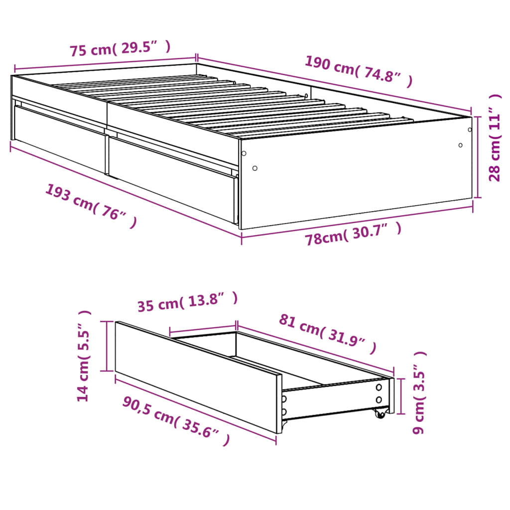 vidaXL voodiraam sahtlitega, hall Sonoma tamm, 75x190 cm, tehispuit