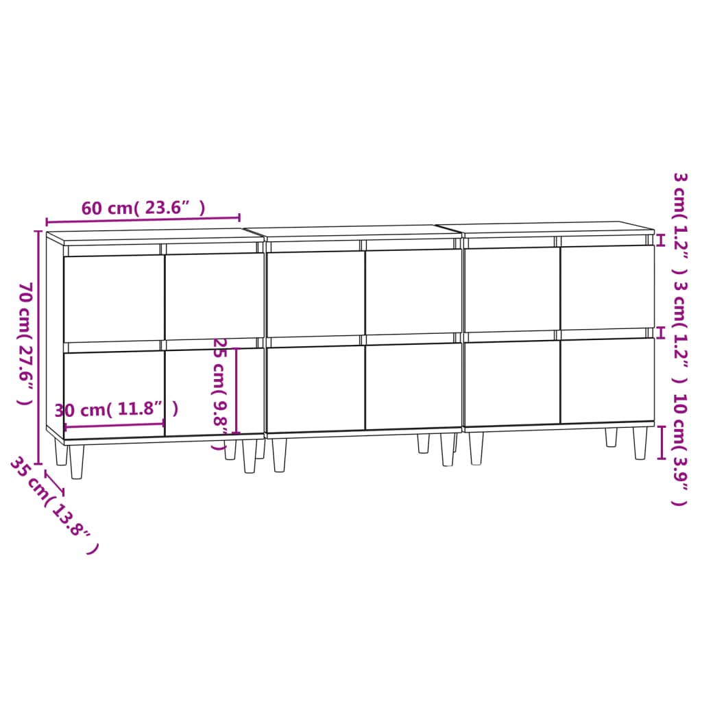 vidaXL puhvetkapid 3 tk, suitsutatud tamm, 60 x 35 x 70 cm, tehispuit