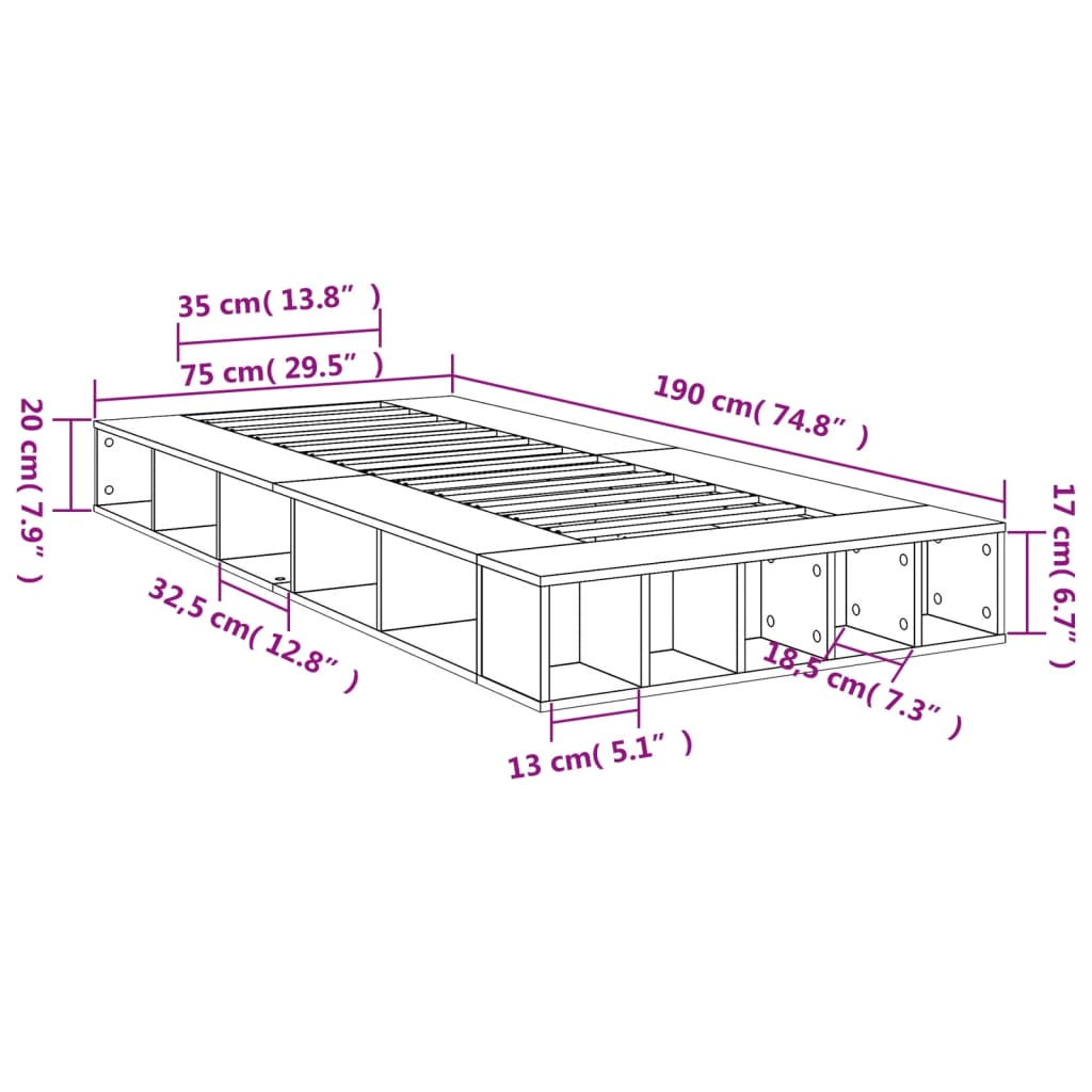 vidaXL voodiraam, suitsutatud tamm,75x190 cm, tehispuit