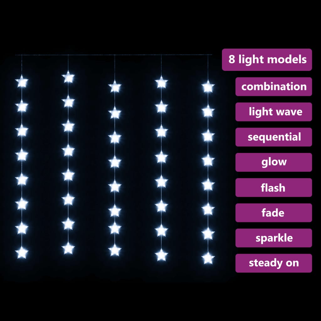 vidaXL LED-valguskardin tähtedega, 200 LEDi, külm valge, 8 funktsiooni