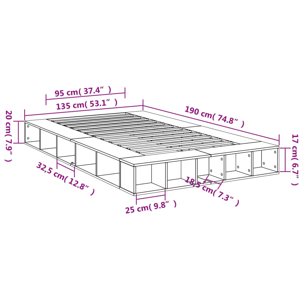 vidaXL voodiraam, suitsutatud tamm, 135 x 190 cm, tehispuit