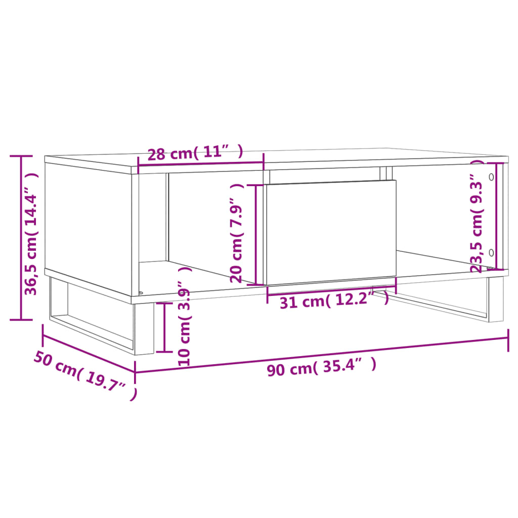 vidaXL kohvilaud, hall Sonoma tamm, 90x50x36,5 cm, tehispuit