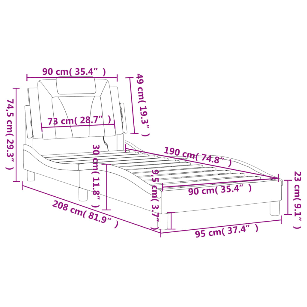 vidaXL voodiraam LED-tuledega, must ja valge, 90 x 190 cm, kunstnahk