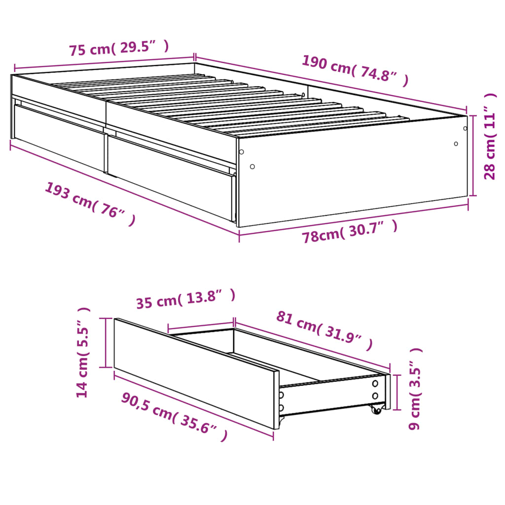 vidaXL voodiraam sahtlitega, Sonoma tamm, 75x190 cm, tehispuit