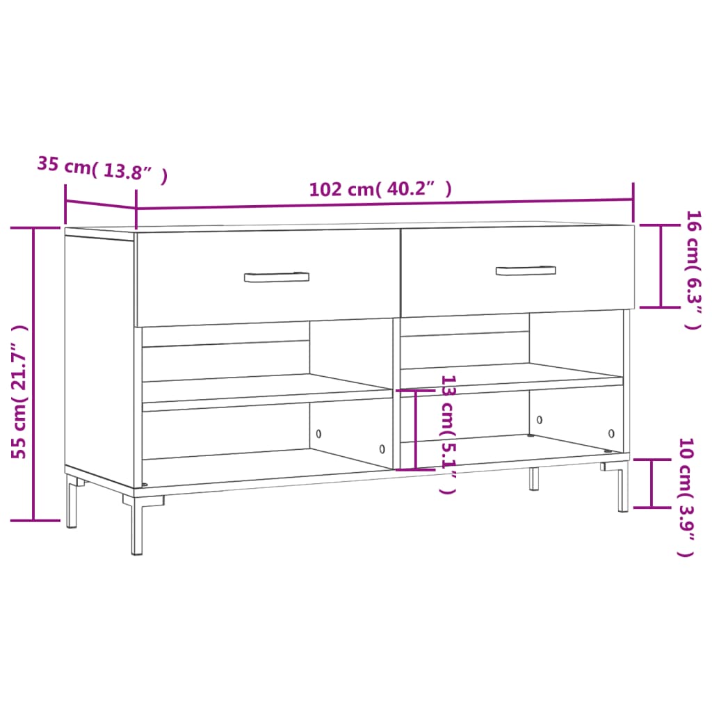 vidaXL jalatsipink, kõrgläikega valge, 102 x 35 x 55 cm, tehispuit