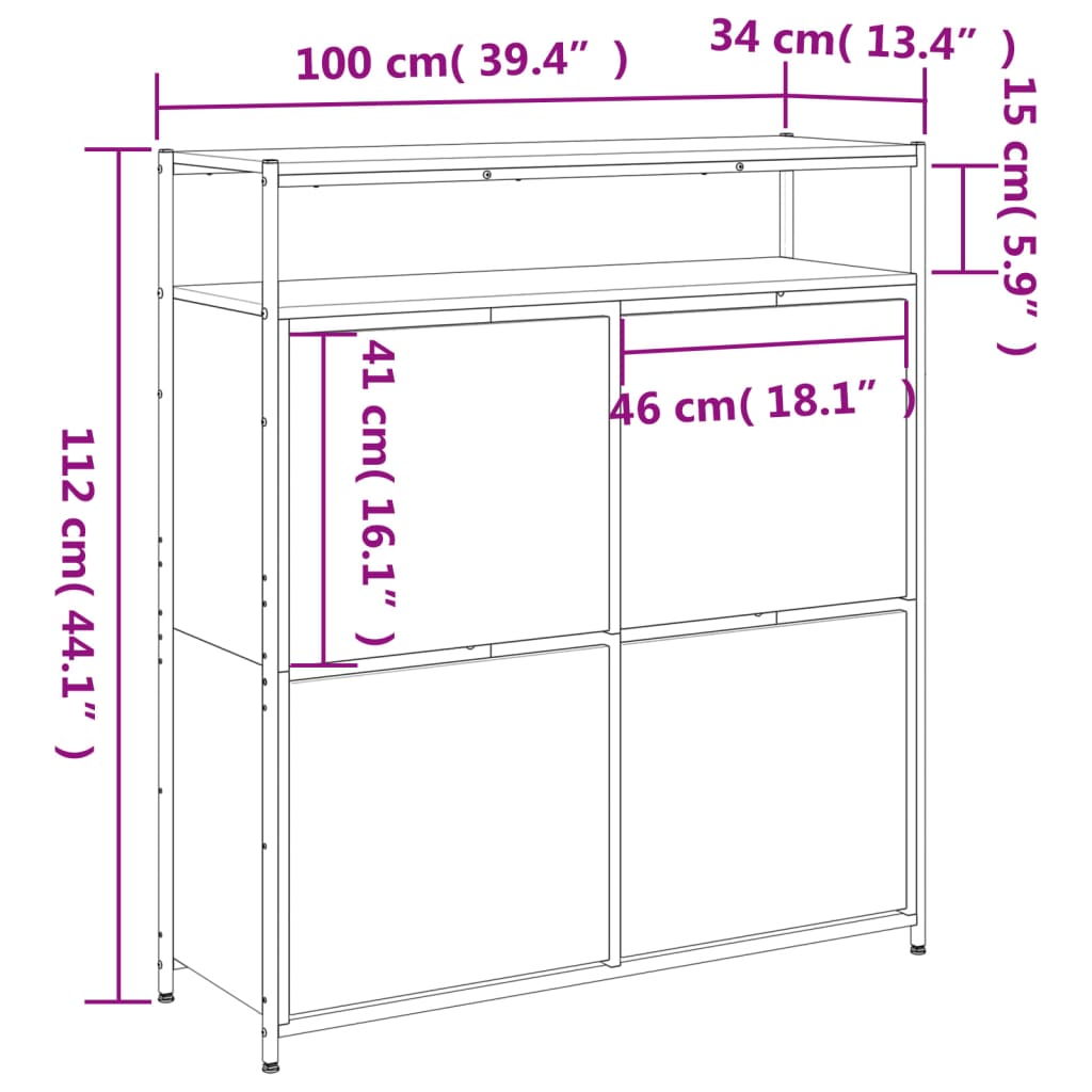 vidaXL jalanõudekapp, 4 klappuksega, Sonoma tamm, 100x34x112 cm