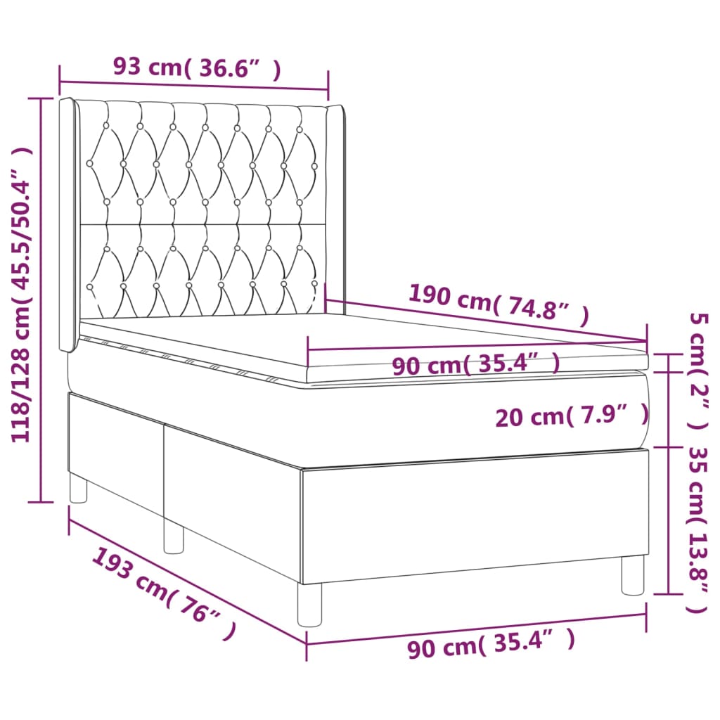 vidaXL kontinentaalvoodi madratsiga, must, 90x190 cm, samet