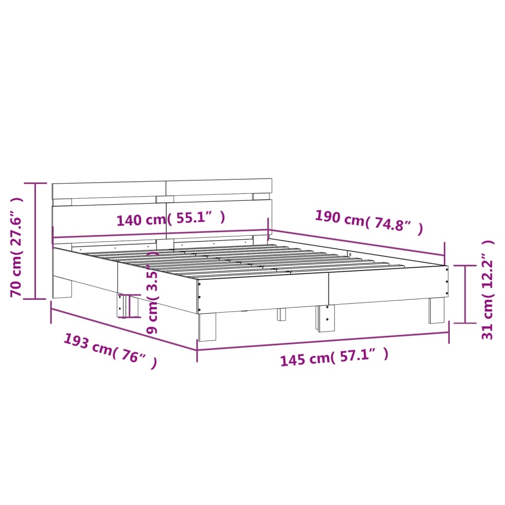 vidaXL voodiraam peatsiga, valge, 140 x 190 cm, tehispuit