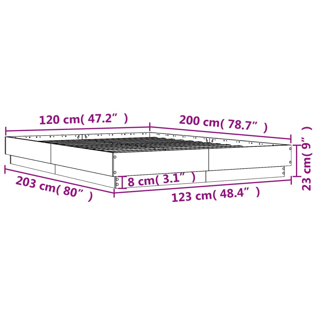 vidaXL voodiraam LED-tuledega, Sonoma tamm, 120 x 200 cm