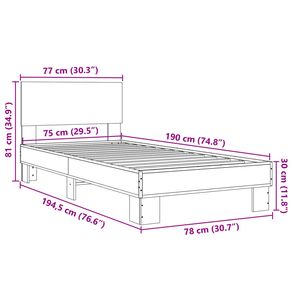 vidaXL voodiraam, Sonoma tamm, 75 x 190 cm, tehispuit ja metall