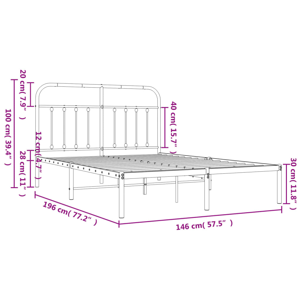 vidaXL metallist voodiraam peatsiga, must, 140x190 cm