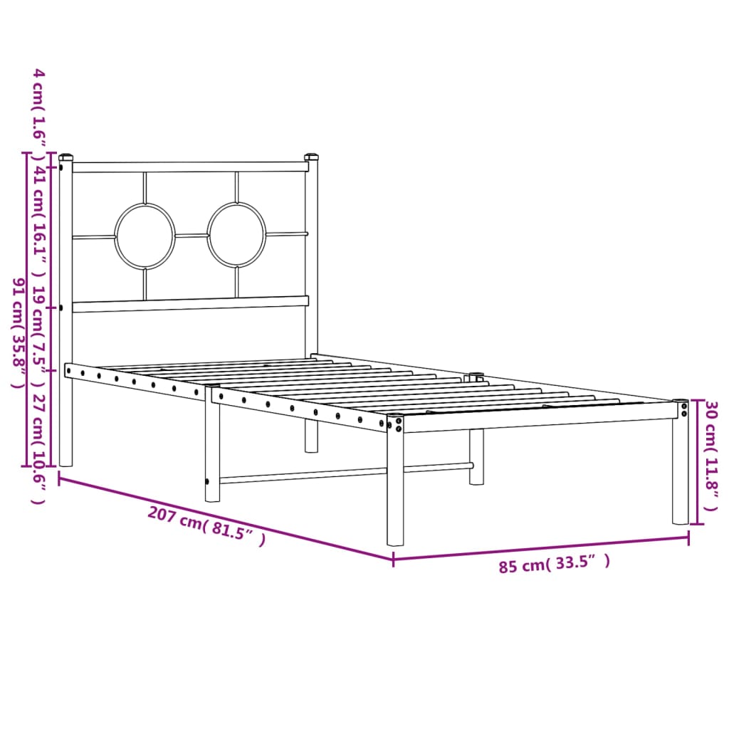 vidaXL metallist voodiraam peatsiga, must, 80x200 cm