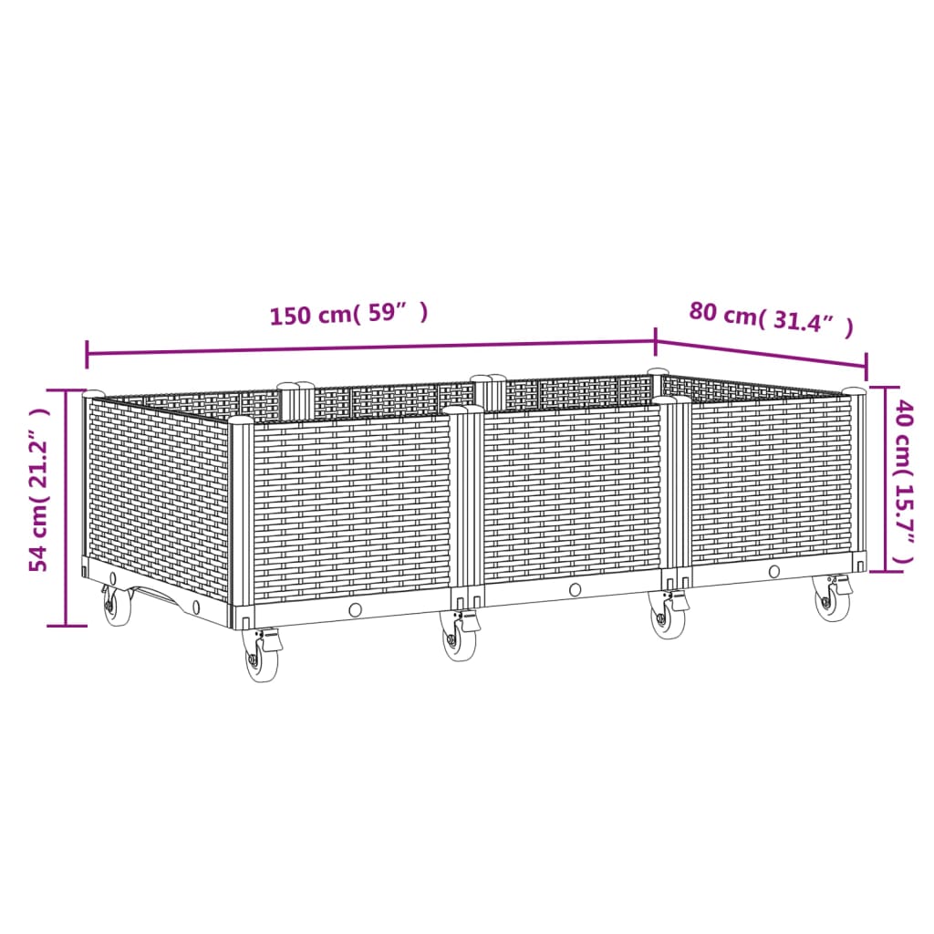 vidaXL ratastega taimekast, must, 150 x 80 x 54 cm, PP