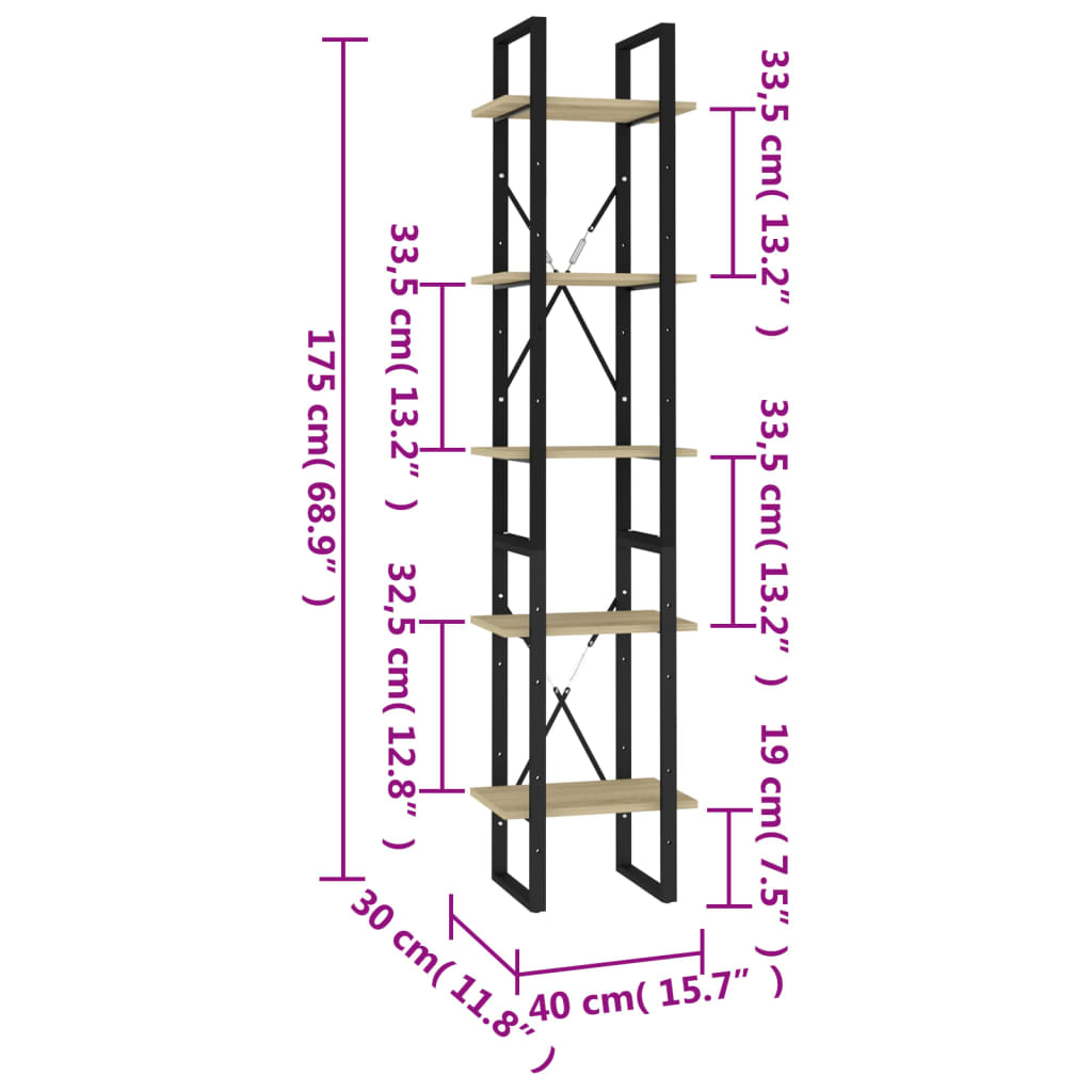 vidaXL 5-korruseline raamaturiiul, Sonoma tamm, 40x30x175 cm