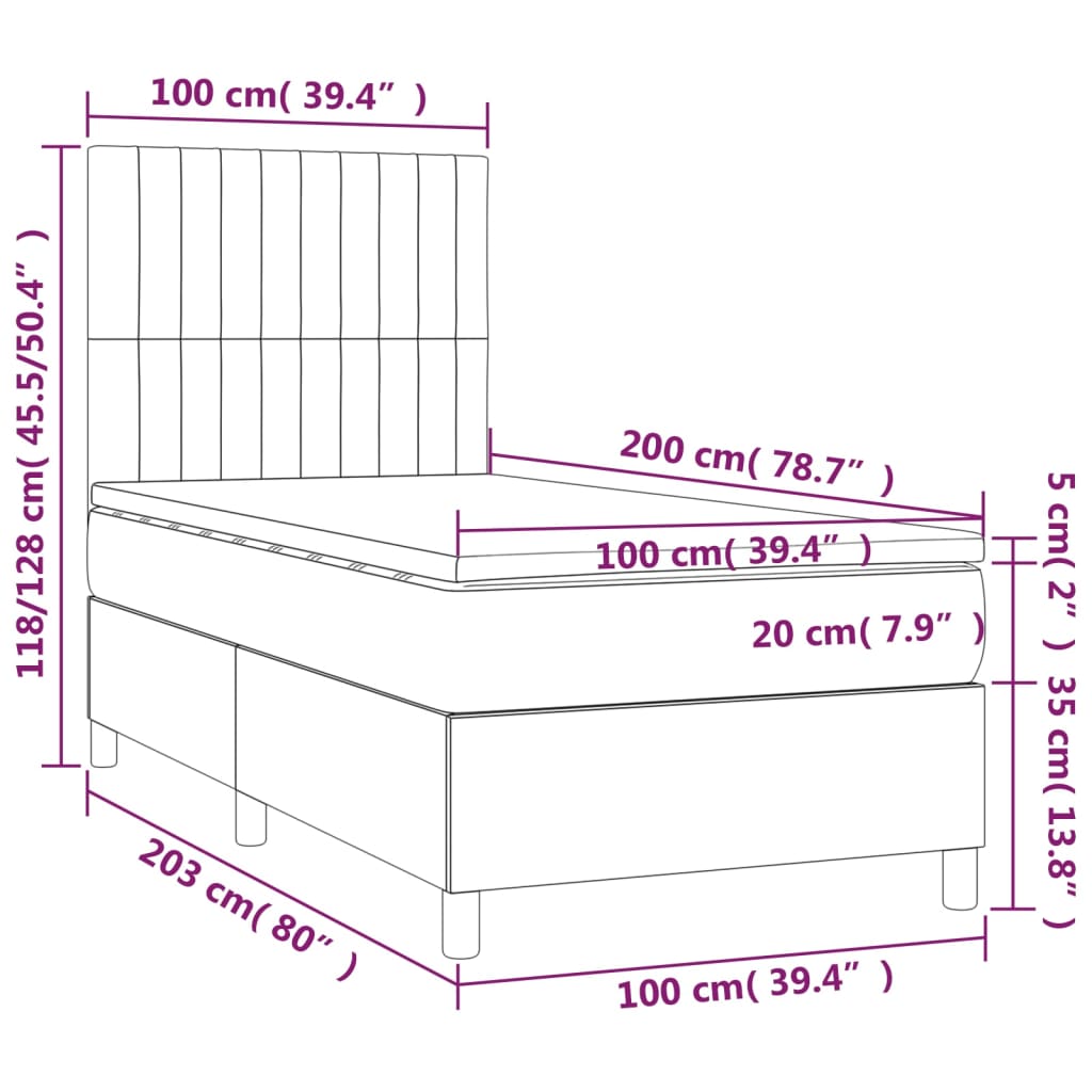 vidaXL kontinentaalvoodi madrats ja LED, tumehall, 100x200 cm, samet