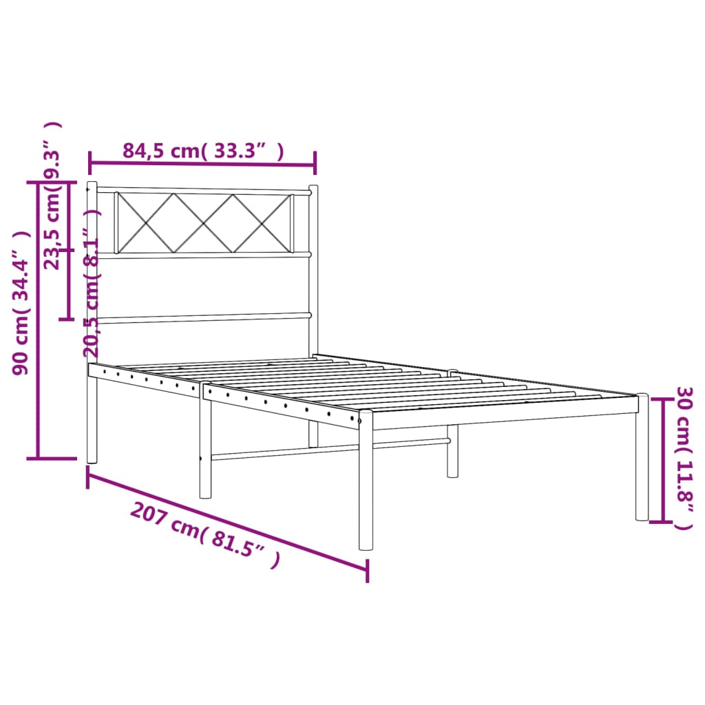 vidaXL metallist voodiraam peatsiga, must, 80x200 cm