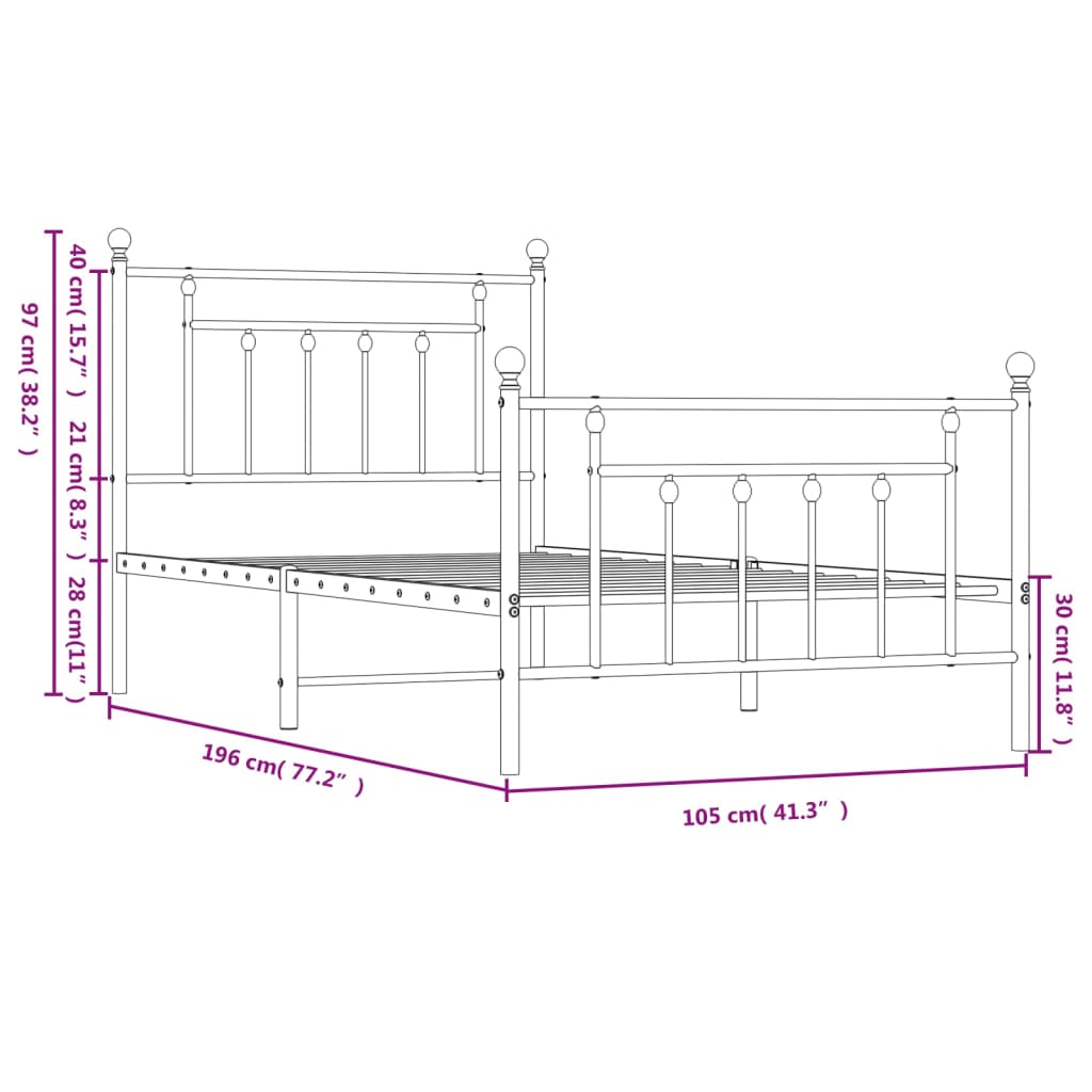 vidaXL metallist voodiraam peatsi ja jalutsiga, valge, 100x190 cm