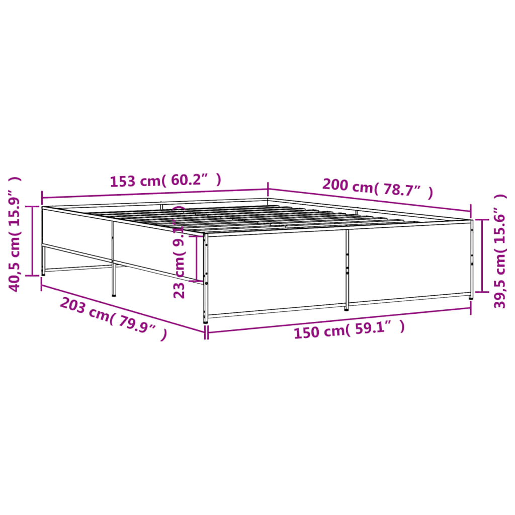 vidaXL voodiraam, suitsutatud tamm, 150 x 200 cm, tehispuit ja metall